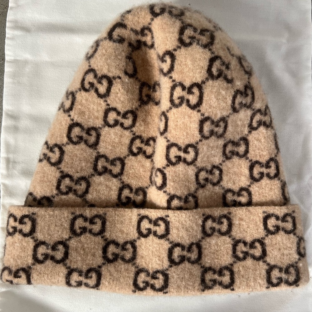 Gucci Beige and Brown GG Logo Wool Beanie
